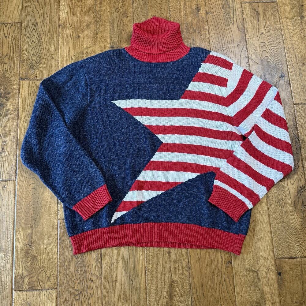 Vtg American Flag Stars Stripes Ramie Cotton Sweater Turtleneck Sz L Heavy